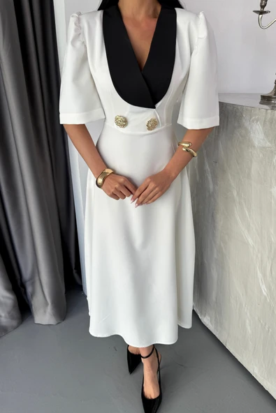 TASARIM ELBİSE CEKET YAKA GOLD DÜĞME DETAYLI KISA KOL - Beyaz - Resim 4