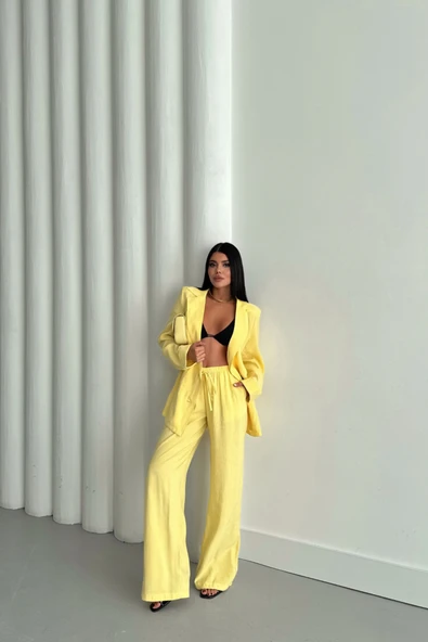MODAL 4 DÜĞME ASTARSIZ CEKET - PANTOLON TAKIM - Sarı - Resim 3