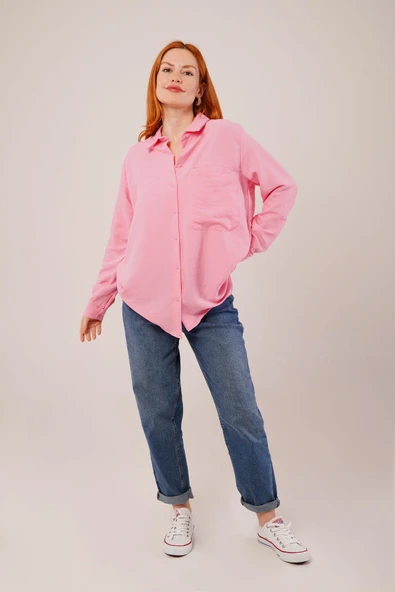 Salaş Kesim Cepli Pembe Gömlek - Resim 2