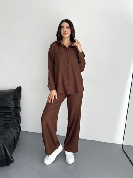 Gömlek Pantolon Ikili Takım - Kahverengi - 4