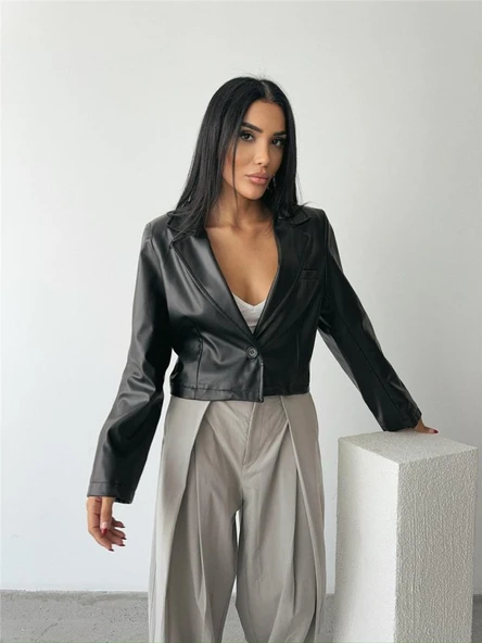 DERİ CROP CEKET TEK DÜĞME - Siyah - 4