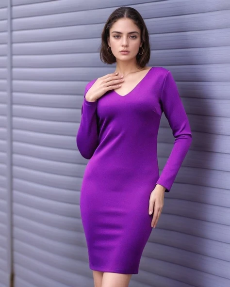 Kadın Uzun Kollu V Yaka Sırt Dekolteli Scuba Dalgıç Kumaş Mini Elbise ürün görseli