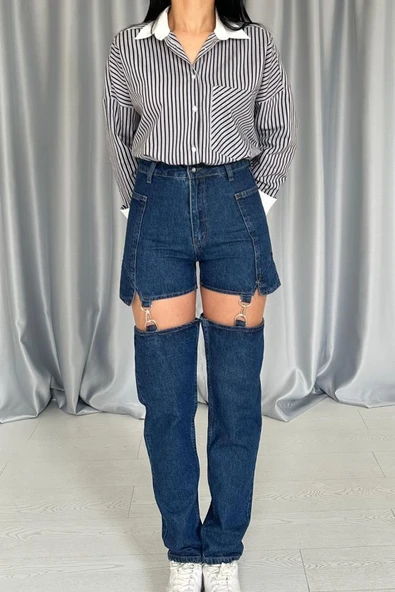 Mavi Askılı İki Parça Jeans Pantolon - Resim 3