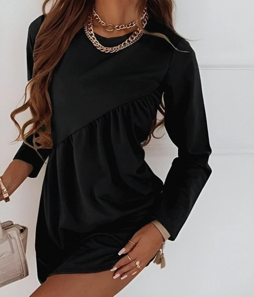 Kadın Uzun Kollu Bisiklet Yaka çapraz Büzgü Detay Iki Iplik Mini Boy Elbise - Resim 2