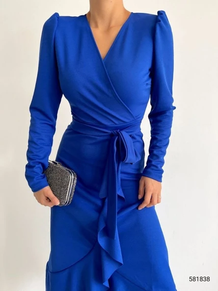 Krep Kumaş Midi Boy Kuşaklı Uzunkol Elbise - Resim 12