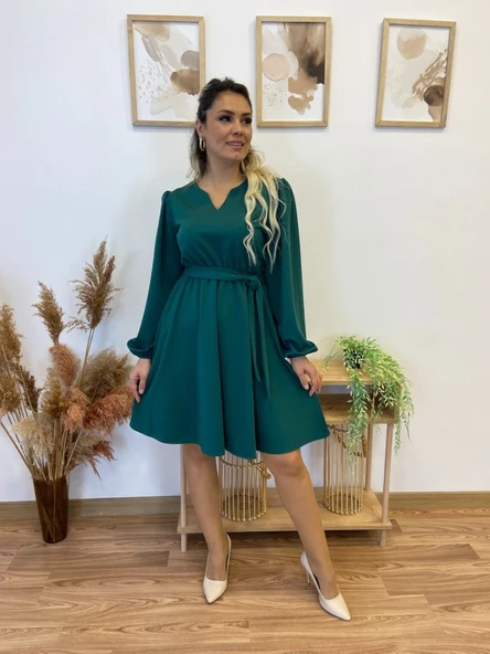 Kadın Uzun Kollu V Yakalı Belden Kuşaklı Kiloş Krep Elbise - Resim 3