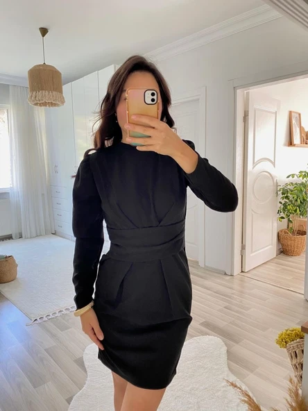 Kadın Uzun Kollu Bisiklet Yaka Bel Kemer Detay Ithal Krep Elbise ürün görseli