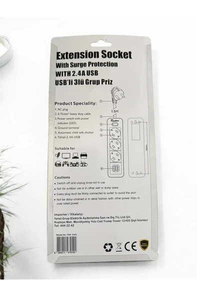 RUTTER 3'lü Grup Priz 2 Usb Girişli Akım Korumalı 1.5 Metre - 3