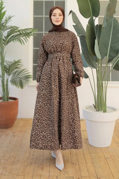 Kadın Papatya Desen Bisiklet Yaka Belden Bağlamalı Elbise - Resim 7