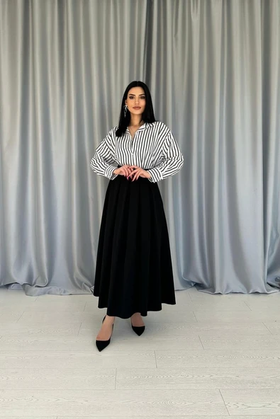 Siyah Uzun Pileli Etek - 2