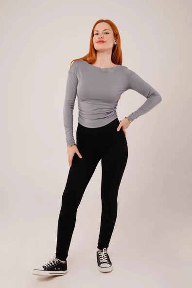 Yaka Detay Uzun Kollu Basic Gri Bluz - Resim 2