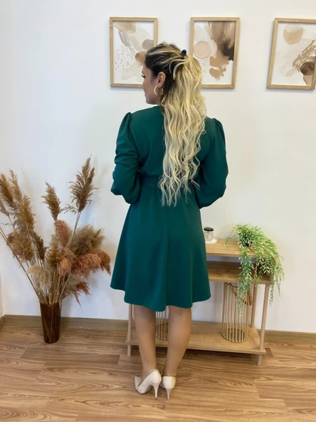 Kadın Uzun Kollu V Yakalı Belden Kuşaklı Kiloş Krep Elbise - Resim 7