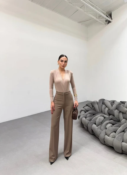 230 Gr Poly Viscose Lycra Metal Düğme Palazzo Pantolon - Resim 4