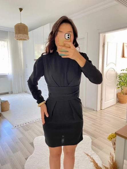 Kadın Uzun Kollu Bisiklet Yaka Bel Kemer Detay Ithal Krep Elbise - Resim 7