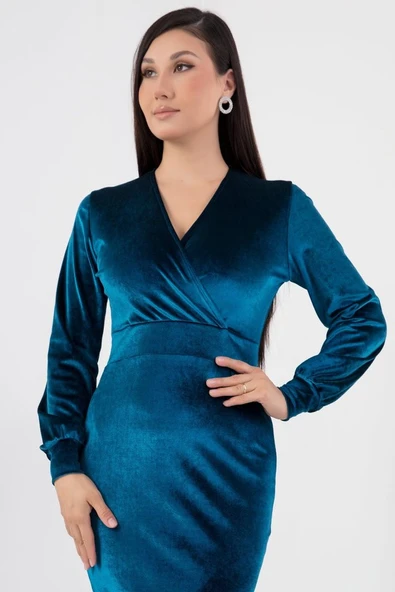 Kadın Kadife Kumaş Manşetli V Yaka Şık Kalem Elbise - Resim 3