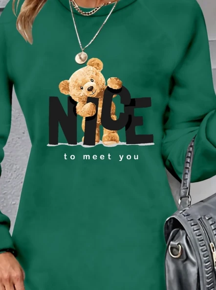 Kadın Uzun Kollu Bisiklet Yaka Ayı Desenli Viskon Iki Iplik Elbise - Resim 2