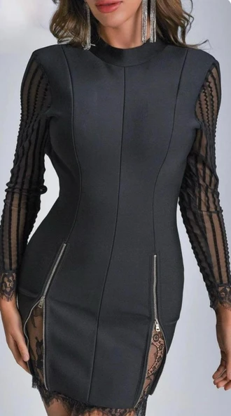 Kadın Kolları Ve Etek Ucu Dantel Detay Fermuar Dekolteli Skuba Kumaş Mini Elbise ürün görseli