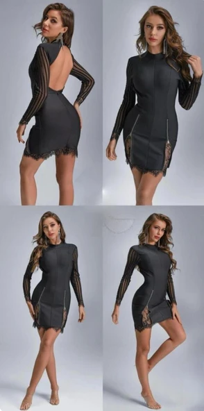 Kadın Kolları Ve Etek Ucu Dantel Detay Fermuar Dekolteli Skuba Kumaş Mini Elbise - Resim 6