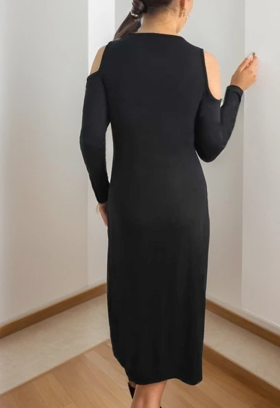 Kadın Uzun Kollu Yaka önü Güpürlü Madonna Yaka Viskon Midi Boy Elbise - Resim 8