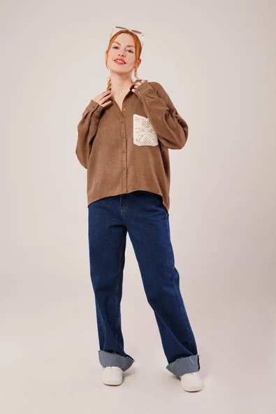 Etnik Cep Detaylı Kahverengi Gömlek - Resim 2