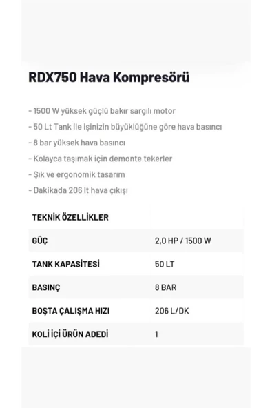 Rodex RDX750 Elektrikli Hava Kompresörü 50L 2 Hp / 1.5 Kw - 2