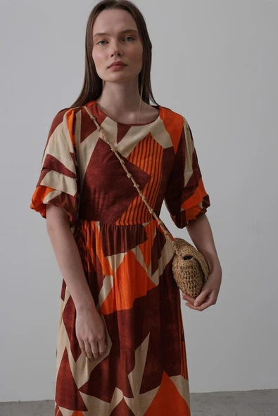 Desenli Balon Kol Kloş Elbise - Kahve - Resim 4