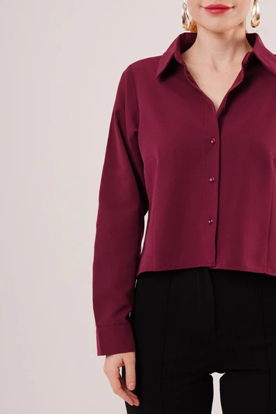 Ön Dikiş Detaylı Bordo Gömlek - Resim 4