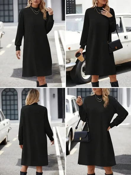 Kadın Uzun Kollu Balıkçı Yaka Kısa şardonlu Dalgıç Elbise - Resim 5