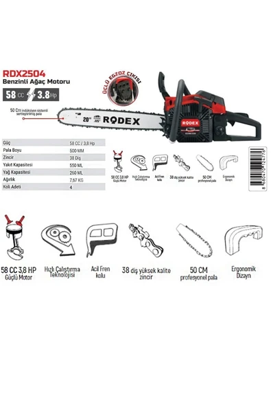 Rodex Rdx2504 Benzinli Hızar Ağaç Kesme Motoru 50 cm 38 Diş - 3
