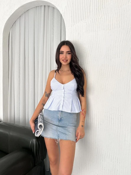 Askılı Dekolte Deraylı Crop - Açık Mavi ürün görseli