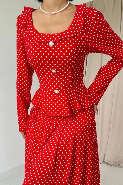 Kırmızı Puantiye Desenli Volanlı Elbise - Resim 2