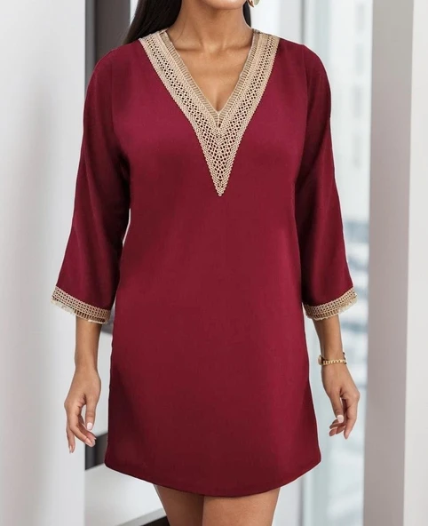 Kadın Uzun Kollu Yaka Ve Kol Manşet Güpürlü Detay Krep Mini Boy Elbise - Resim 5