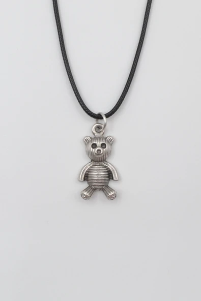 Oyuncak Ayı Siyah Deri İp Kolye - Antik Gümüş Kaplama - Kadın Erkek - 60 cm ürün görseli 1