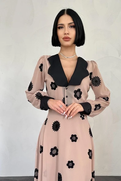 Vizon Yaka Nakışlı Elbise - Resim 2