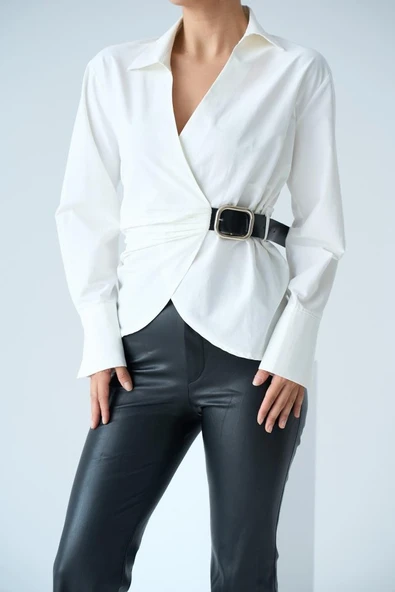 Kemerli Gömlek - Ekru ürün görseli