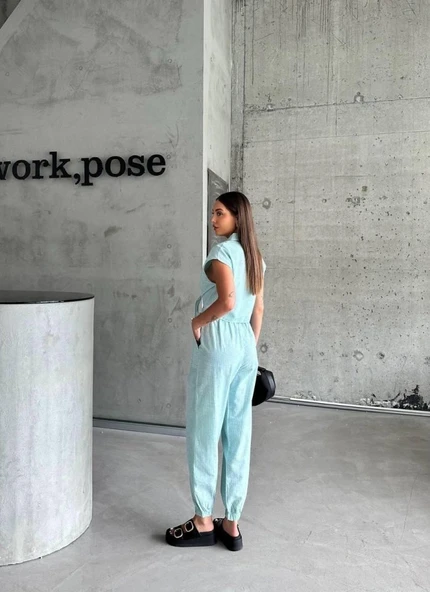 ÇİZGİLİ KETEN KOLSUZ CROP PANTOLON TAKIM - Yeşil - Resim 2