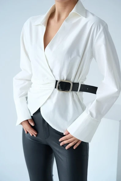 Kemerli Gömlek - Ekru - Resim 5