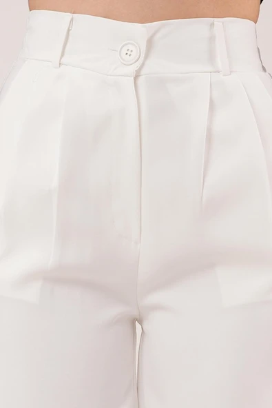 Bol Paça Piliseli Beyaz Pantolon - Resim 4
