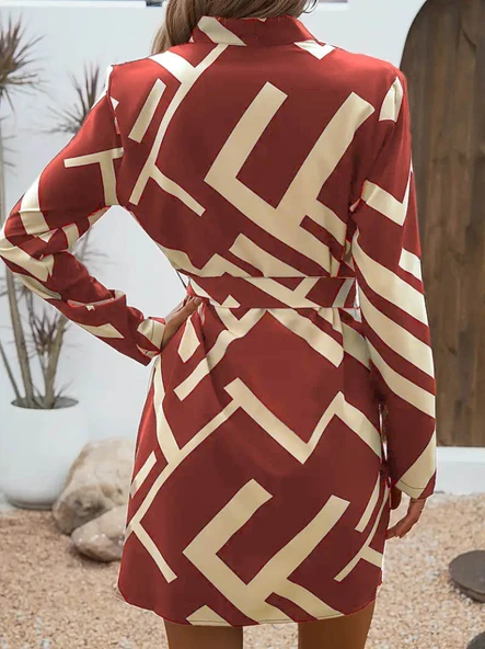 Kadın Uzun Kollu V Yakalı Desenli Belinde Kuşaklı Dalgıç Elbise - Resim 4