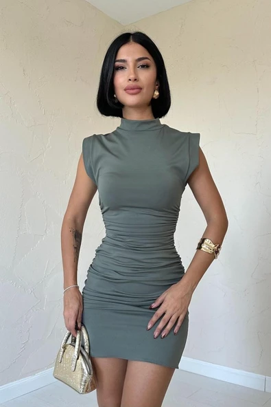 Haki Büzgülü Kolsuz Elbise - Resim 2