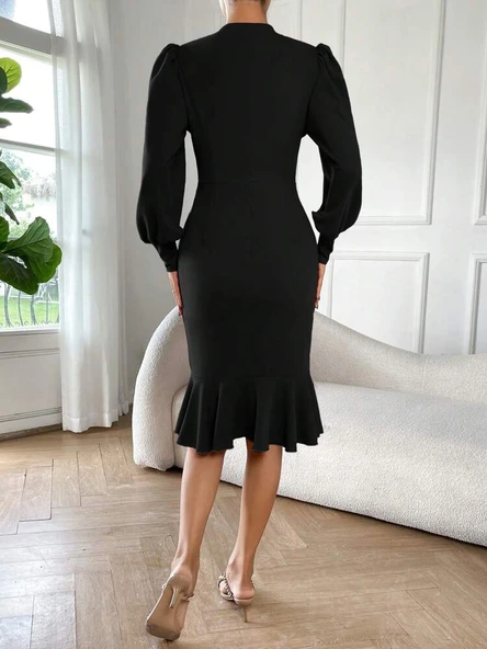 Kadın Uzun Kollu Yarı Balıkçı Yaka Etek Ucu Fırfır Detaylı Midi Ithal Krep Elbise - Resim 2