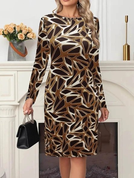 Kadın Uzun Kollu Bisiklet Yaka Desenli Dalgıç Kısa Elbise ürün görseli