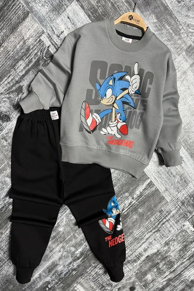Sonic Desenli Gri Renk Erkek Çocuk Eşofman Takım - 4