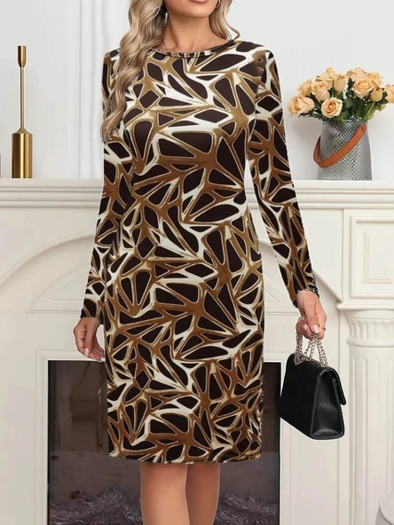 Kadın Uzun Kollu Bisiklet Yaka Desenli Dalgıç Kısa Elbise - Resim 3