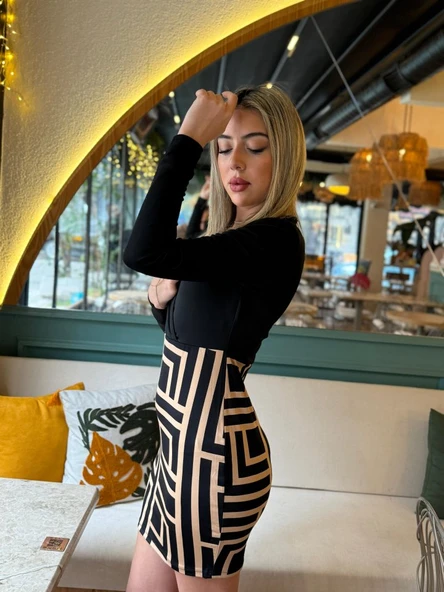 Kadın Uzun Kollu Kruvaze Yaka Labirent Desen Dalgıç Elbise - Resim 4