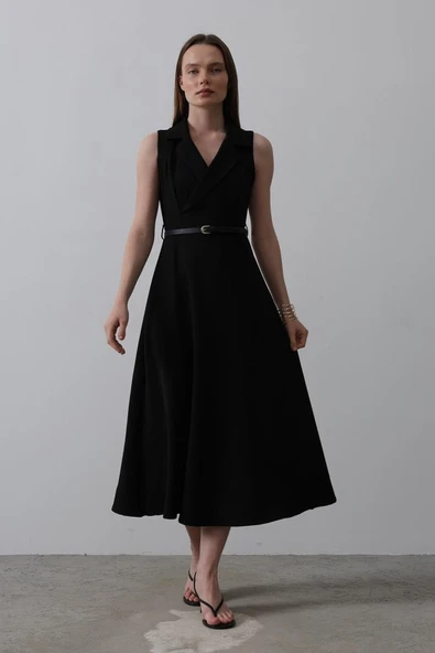 Sıfır Kollu Kemer Detaylı Elbise - Siyah ürün görseli