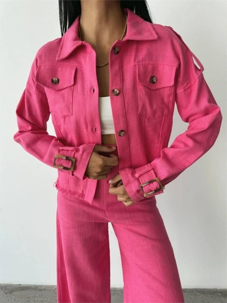 KETEN PÜSKÜL DETAYLI GÖMLEK-PANTOLON TAKIM - Fuşya - 4