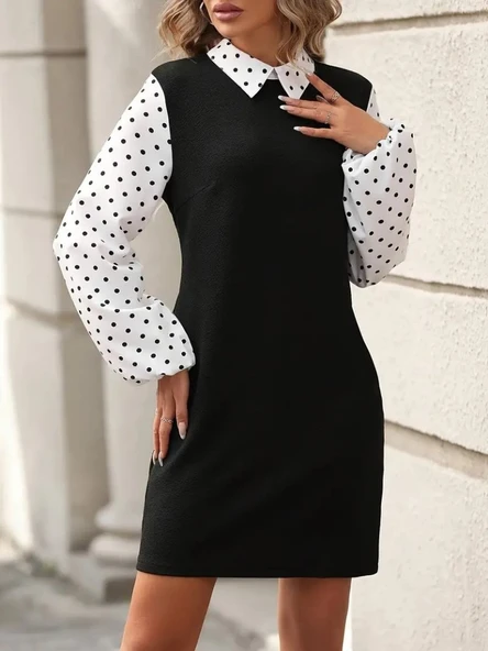 Kadın Uzun Kollu Yakalı Kol Ve Yaka Puantiye Detaylı Ithal Krep Elbise ürün görseli