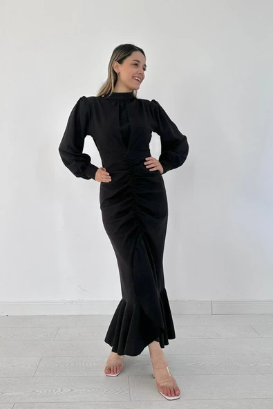 Siyah Volanlı Uzun Kol Elbise - Resim 2