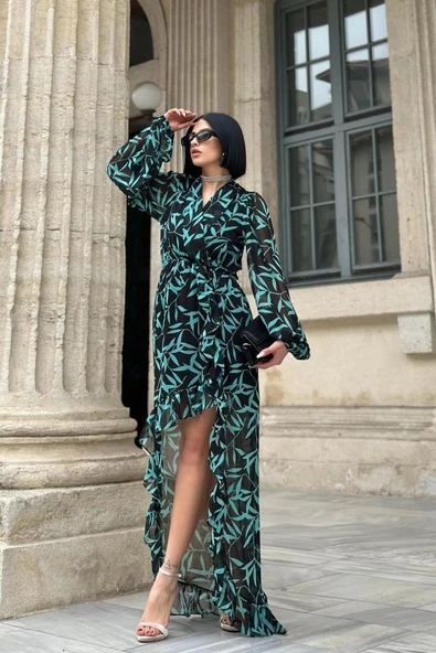 Desenli Desenli Fırfırlı Elbise - Resim 2